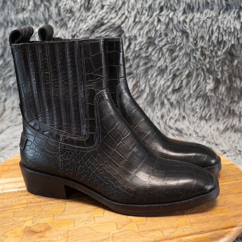 Vintage Foundry Co Main Boot Black‎ Leather Croc Embossed Size 7